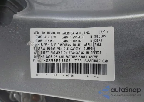 2014 Honda Accord Ex-L из США, поврежденный, VIN 1HGCR2F86EA158423